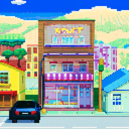 Roadside buildings, drug store, bright colors