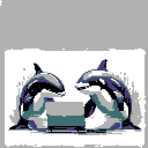 killer whales, sleek and powerful, typing on a laptop