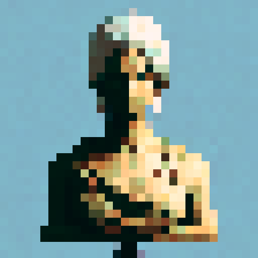 Bust of a strong stoic female swordswoman from Japan. White hair. Ponytail.