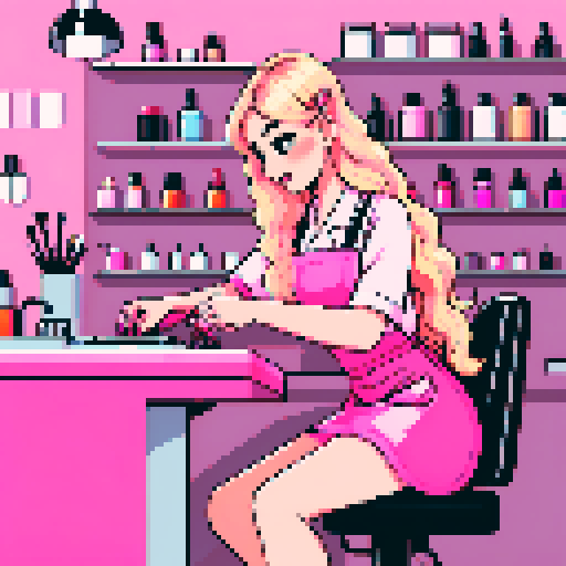 A nail tech with long blonde wavy hair, wearing a pink apron, doing her client's nails in a nail salon. 