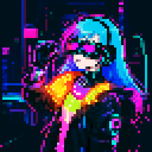 cyberpunk anime girl hacker, vibrant neon colors, futuristic cityscape backdrop, glitchy pixel art aesthetic, 16-bit animation style, glowing LED tattoos, pixelated holographic interface, electric blue hair, cybernetic augmentations, glowing cyber eyes, virtual reality headset, digital code flowing around her, futuristic cyberpunk fashion