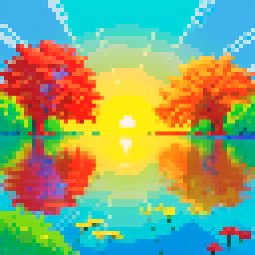 A serene landscape of trees and water, and a sunrise with the sun clearly visible in the middle. Bright scene. Foliage and flowers in the forefront. use of simple primary colors of red blue yellow and green. high saturation