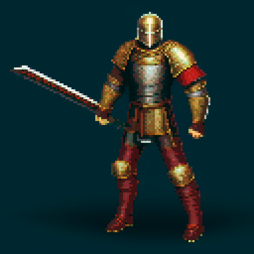 pixel art picture of a human male knight with a two-handed great sword, detailed shading, and smooth lines, heavy armor, confident stance, muscular build, armored helmet, deep red and gold armor, detailed sword, detailed shading, smooth lines, running, swinging sword