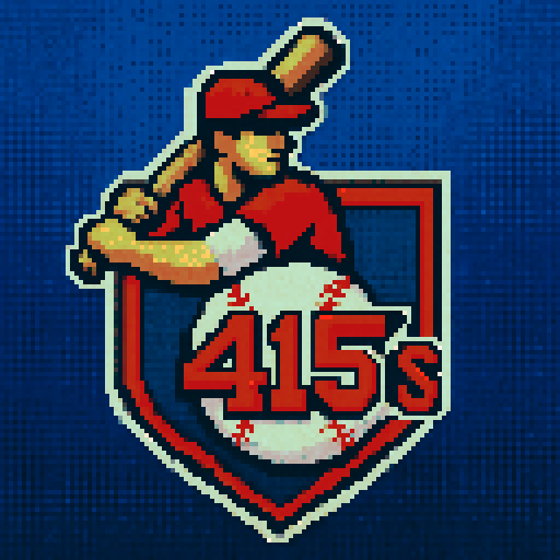 Pixel art of a fictional baseball team called the 415's. It is a reference to the area code. Red, white and gray, sharp outlines, and soft pixel shading. The logo design mimics 80s MLB logos. Use a vibrant Sega Genesis 16-bit style with selective dithering, geometric forms, and nostalgic retro charm. Avoid modern gradients—keep it pure pixel art.