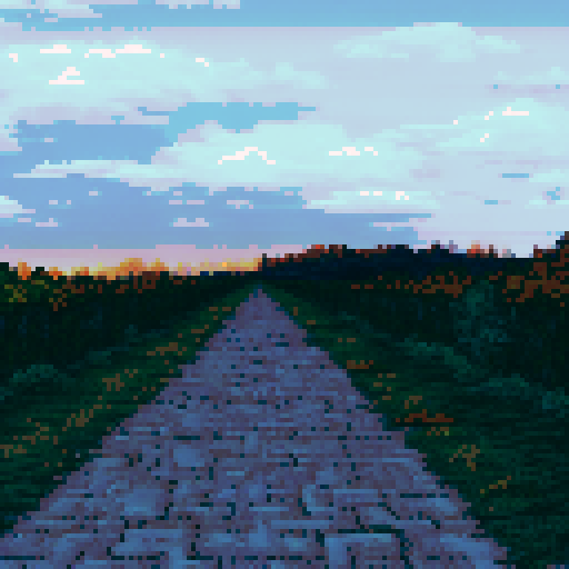 cloudy sky, dull sunset, paved pathway, fall leaves