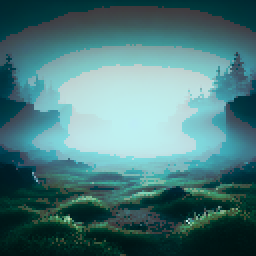 A mysterious field with a flat grassy surface. The background fades into thick fog, with faint outlines of trees and rocks adding depth and mystery.