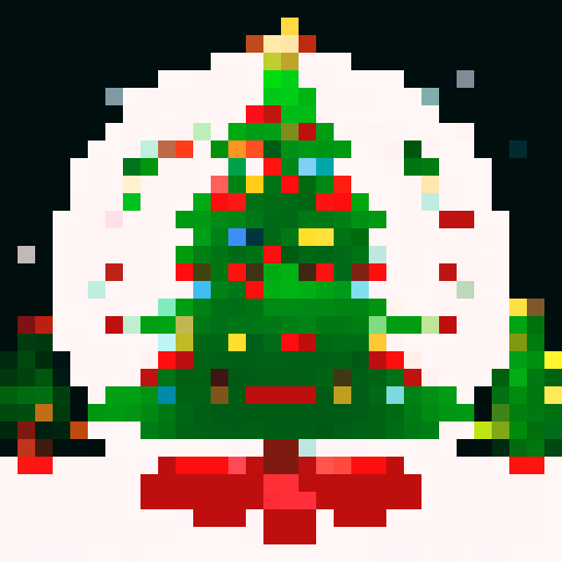 Christmas tree with vibrant green branches, colorful ornaments, and a shining star topper, surrounded by snow-covered ground and adorned with festive red and gold ribbons, twinkling fairy lights, pixelated presents underneath, a 32x32 video game badge, all outlined in bold black and brought to life with a pixel art style using the sRGB color palette