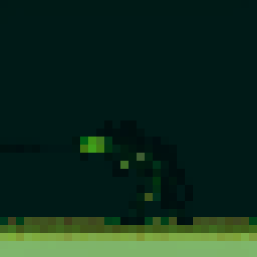 Pixelated crocodile warrior soldier fiercely charges through a swampy battlefield, brandishing a sharp toothed sword and sporting a scaly suit of armor.