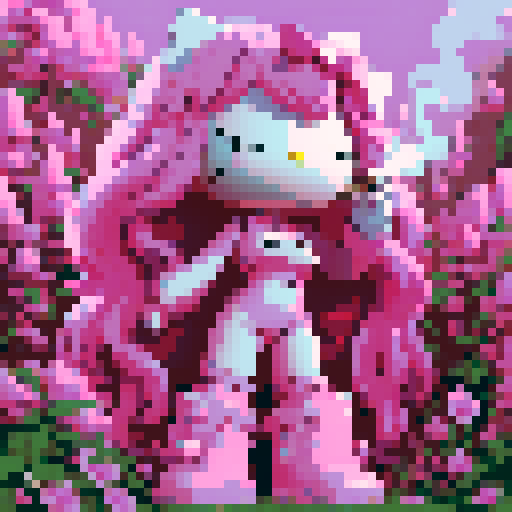 hello kitty smoking a joint with long pink hair bangs, pixel art style hd sanrio hello kitty, field of pink cannabis plants 