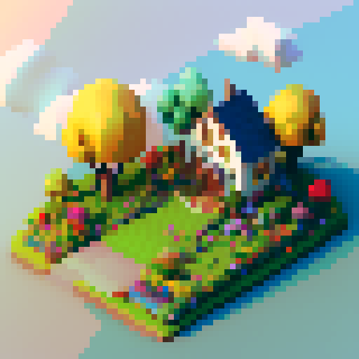 isometric 3D girl, vibrant flowers, flowing hair, quaint cottage, blue sky, puffy clouds, rolling hills, lush grass, dainty dress, smiling face, delicate features, gentle breeze, colorful butterfly