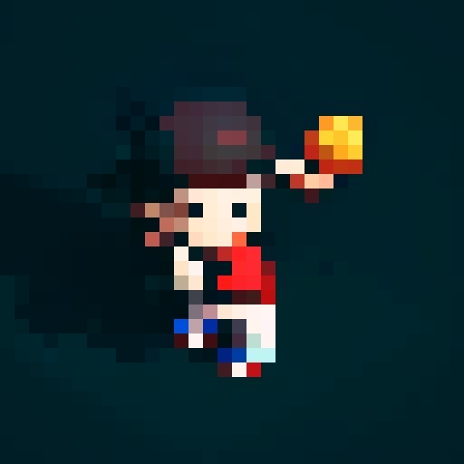 Baseball batter, swinging bat, pixel art, vibrant colors, dynamic motion, energetic lines, retro feel, low-res pixels, exaggerated proportions, action-packed, stylized shadows, nostalgic aesthetic