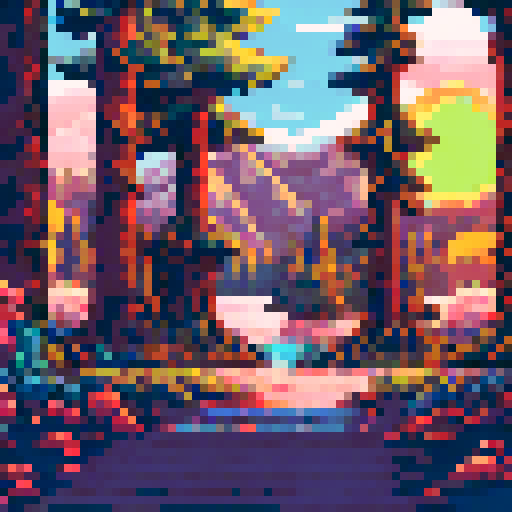 misty mountains with a bright pink sunrise, reflected in a serene lake surrounded by tall pine trees and a cozy cabin in the middle of the forest