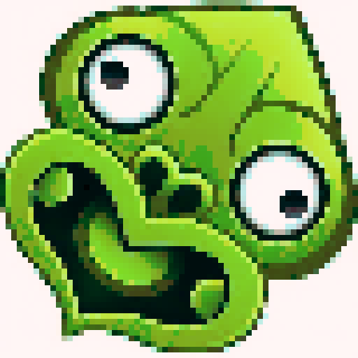 A twisted green Hei Tiki head, wide-eyed and contorted, exuding a mix of mischief and madness, stylized with bold lines and exaggerated featuresIN PIXEL ART