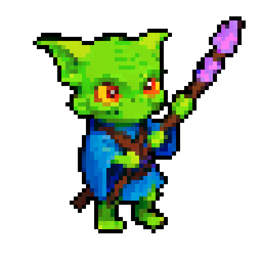 A mystical goblin with tribal markings, a staff, and a magical aura. It wears robes and has glowing eyes, with an air of wisdom and power. No background.
