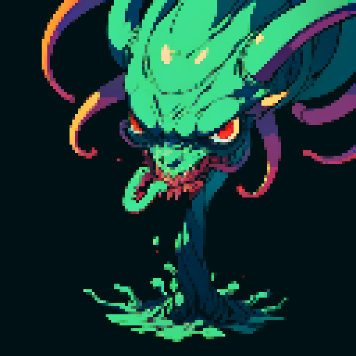 eldritch being, tentacles writhing, full body floating, brain pulsating, many eyes staring, eyeballs bulging, no humans, monsyer, sRGB pixel art