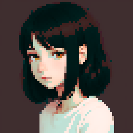 portrait, sprite art, young shy woman, cozy, cute, dark hair, dark eyes, neutral, curious