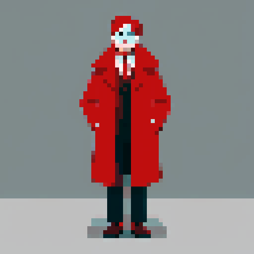A creepy man wearing a red coat, with many physical deformity's.