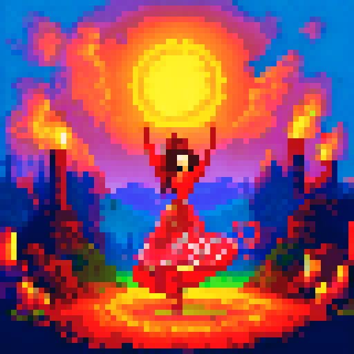 Andalusian gypsy girl, Candela, swirling in a pixel art flamenco dress as she dances the Ritual Fire Dance, surrounded by a vibrant sRGB campfire, with her ghost husband hovering over the campfire
