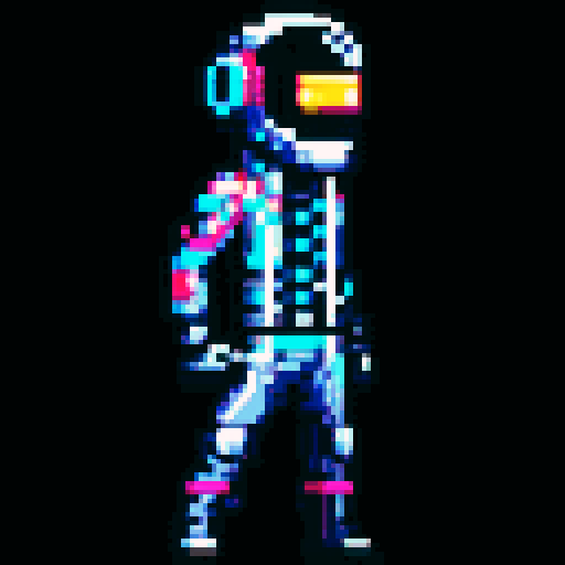 cyberpunk space trader sprite, pixel art, futuristic design, cybernetic arm with intricate detailing, glowing yellow-orange visor over the eyes, trench coat with glowing lines, blue and teal color palette with neon pink and yellow accents, distinct sci-fi aesthetic, confident posture, mid-step left first, arms extended, pixel art, sRGB