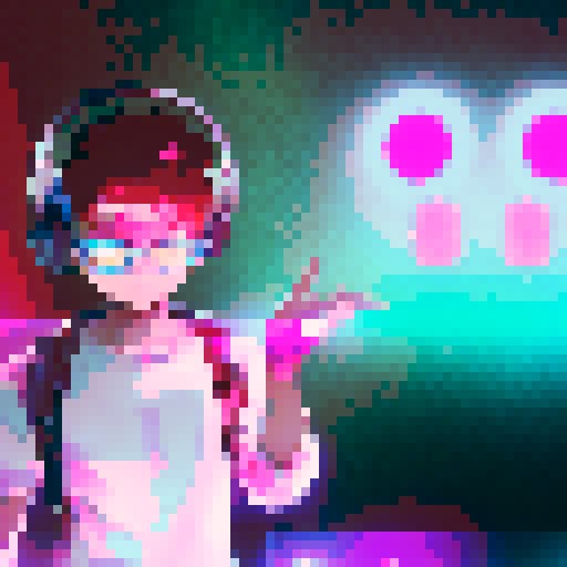 Tech-savvy baby with oversized glasses and suspenders operates a futuristic computer, surrounded by neon lights and holograms