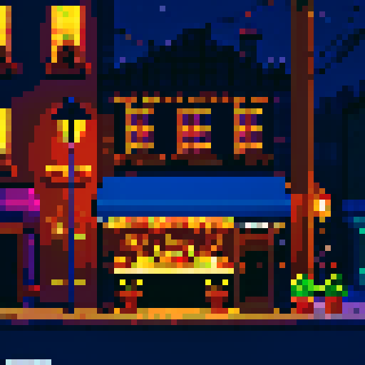 city, exterior of a bar, street light, night time, nocturne, black, dark purple, brown, gold, pixel art style, sRGB Cozy Character 4 images