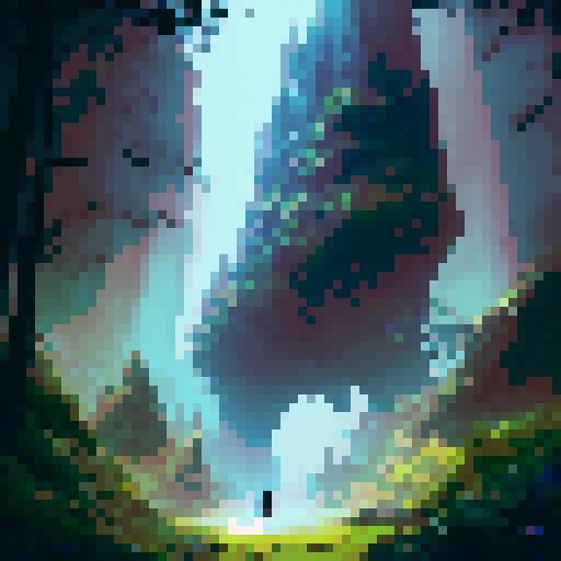 A brave adventurer stands at the center of the enchanted forest, wielding their iconic sword and shield Their determined gaze reveals their courage as they prepare to face their next challenge A mysterious cave entrance looms behind them, while towering trees create a lush green canopy overhead In the distance, a majestic mountain rises, all in a stunning anime style