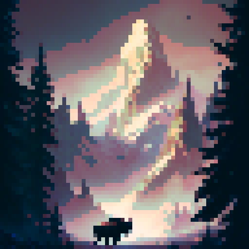 Majestic, Western, Illustrative, Rustic. Bison standing atop a rocky outcrop, overlooking a sprawling valley dotted with pine trees and wildflowers.