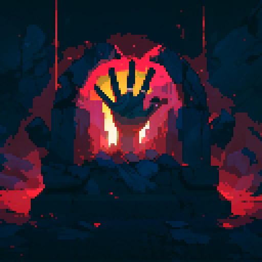 Hang with tattered clothes, eerie green glow, and bony fingers reaching out, emerging from a pixelated tomb in a hauntingly vibrant sRGB color palette