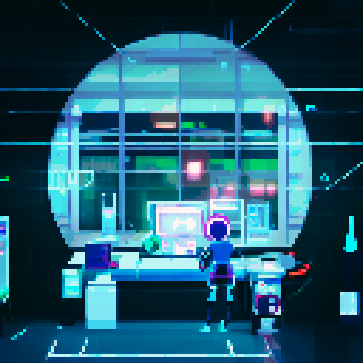 Robot nurse checking vitals of injured man, surrounded by glowing medical equipment and beeping monitors, with a futuristic cityscape visible through the window in the background