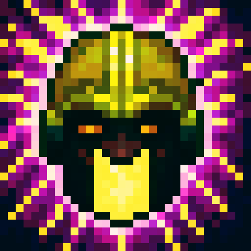 white knight helmet with purple details, surrounded by fiery purple and green flames