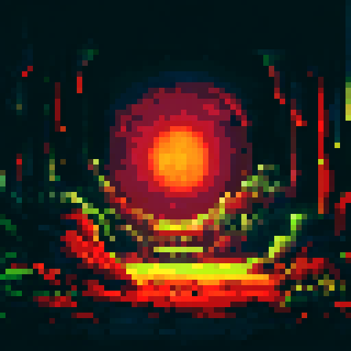 Magical room with a glowing crystal ball, vibrant colors, pixelated art, detailed background, enchanting landscape