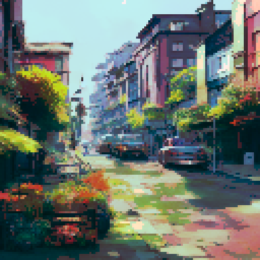 A bustling solarpunk cityscape, featuring vibrant greenery and clean energy technology integrated seamlessly into the urban environment. The scene is set in the late afternoon, with the sun setting over the horizon and casting a warm glow over the city. The buildings are a mix of old and new architecture, with green rooftops and vertical gardens adorning many of the structures.