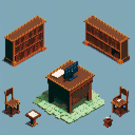 building, inside, block, wood, isometric, medieval, writing table, feather pen, ink, paper, papers, royal seal, law, dark, close