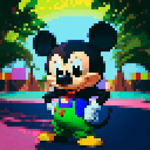 pixel portrait, Mickey Mouse, no background, vibrant colors, playful expression, large round ears, button-like eyes, smiling face, retro vibe, pixelated details, sRGB color space