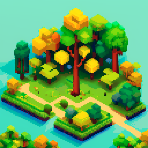 Hex piece, vibrant colors, lush foliage, towering trees, winding rivers, pixelated details