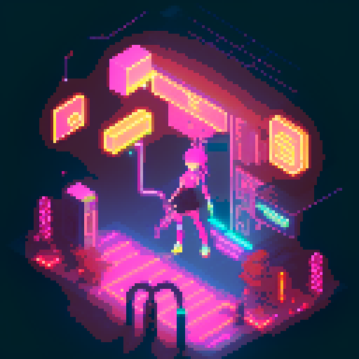 cyberpunk anime girl, fluorescent tattoos, glowing staff, neon-lit night market, bustling crowds, pixel art