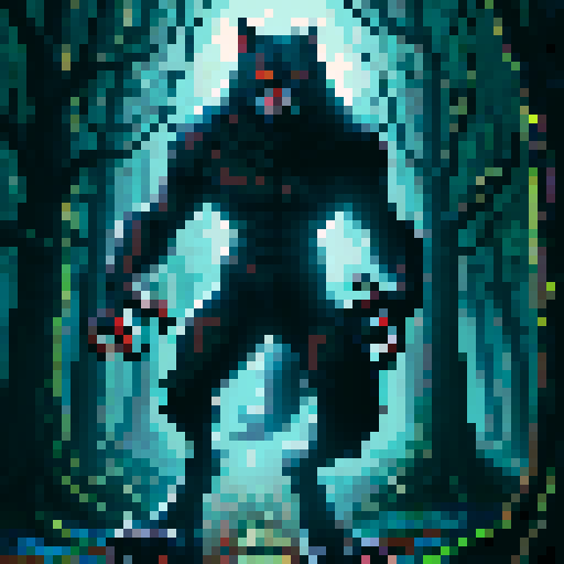 werewolf, forest background, red-eyed, slightly hunched posture, pixelated style, vibrant sRGB colors
