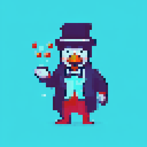 Neon green scarf, polka dot bowtie, red beret, and monocle-wearing penguins slide and waddle through a snowy sRGB landscape, surrounded by charming pixel art trees and mountains