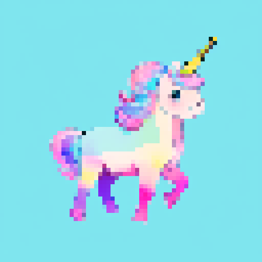 unicorn with rainbow hair in clouds, full body, vibrant colors, flowing mane and tail, soft pastel palette, fluffy white clouds

