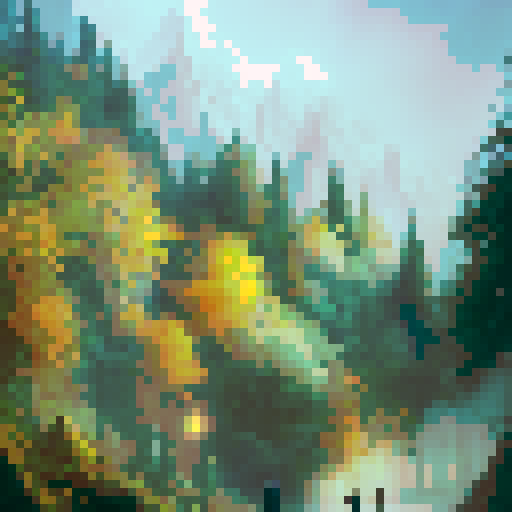 Misty, mysterious forest with towering trees, where the leaves are shades of gold and crimson, and a lone traveler walks with a lantern illuminating the path ahead in a dreamy, watercolor style.