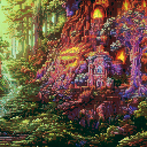 Magic book, glowing, ethereal, floating, open, revealing ancient spells, surrounded by swirling colors, nestled in a lush, enchanted forest, with towering trees and a cascading waterfall, all depicted in vibrant pixel art with a sRGB color palette