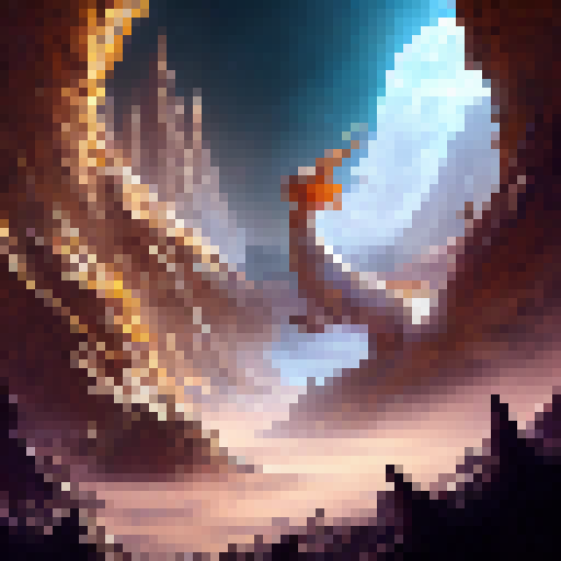 Visualize a medieval white dragon with golden eyes that gleam intensely. The dragon is lying on a mountain overlooking a medieval-style walled city, located in a lush green valley. The dragon watches the city with a mixture of curiosity and caution, without being an immediate threat to the city's inhabitants. The image should have a pixel art style, with a detailed and beautiful design that captures the magical and fantastical essence of the scene.