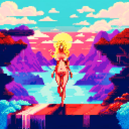 naked sexy female, big boobs, sexy look, pussy, red pussy cumshot, sRGB, pixel art, background, landscape