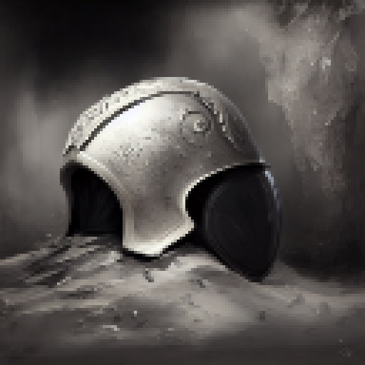 Medieval warrior's hollow helmet, black and white, embellished with intricate designs, emanating an eerie aura, set in a mystical fantasy world.