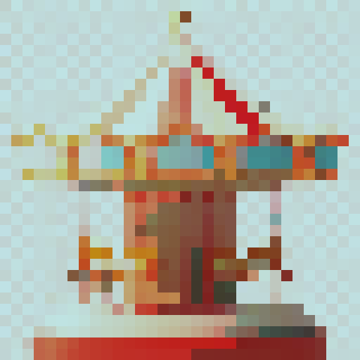 Carousel horse with vibrant colors, whimsical style, patterned saddle, flowing mane, sparkling eyes, ornate bridle, textured wood, golden accents, shining pole, skillfully crafted 32x32 pixel art, sRGB, close-up portrait of a game icon