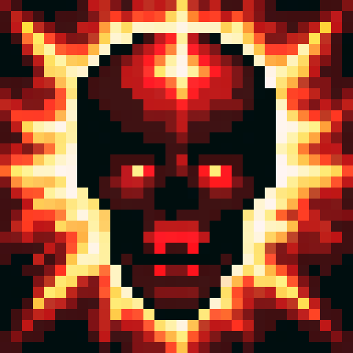 Skull with glowing red eyes, surrounded by ominous smoke and sharp, jagged edges, in the center of a 32x32 pixel game icon