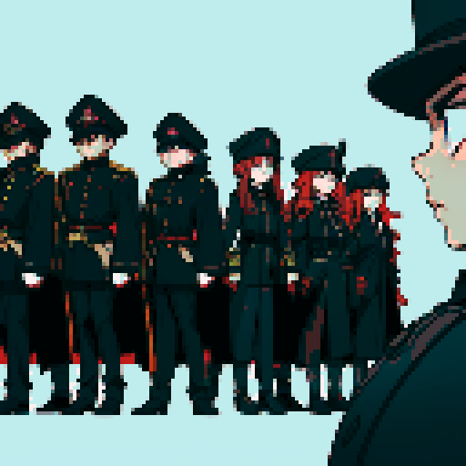 soldiers lined up, black uniforms, black hats, skull masks, lined up, facing camera, full-body image