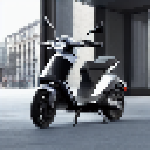 Peugeot's e-ludix prototype, a sleek and futuristic electric scooter, glides through a vibrant cityscape, its angular frame and bold lines perfectly captured in a striking landscape portrait.
