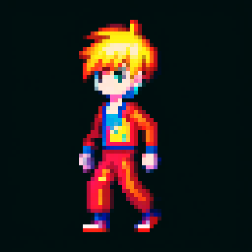 2D pixel character walking in a vibrant, retro pixel art style with a palette of bright, saturated colors and a limited number of pixels, creating a nostalgic and visually striking image