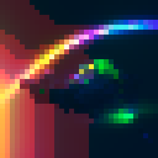 Spaceship sprite soaring through a neon-lit asteroid field, its thrusters blazing with a rainbow glow, as sparks of electricity crackle across its pixelated hull